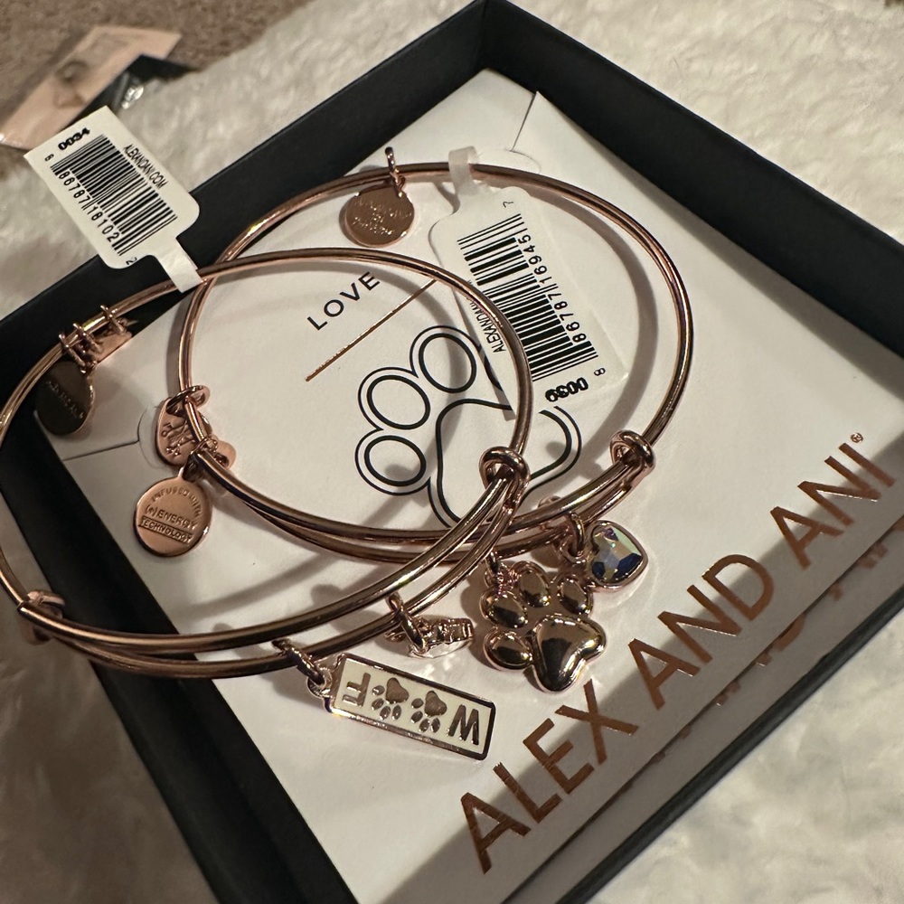 Alex and Ani woof and paw print bracelets